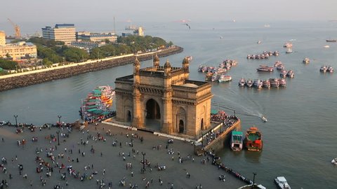 India - March 2015: Mumbai Gateway India Maharashtra Asia monument sunset vessel building sea city people palace harbour travel 