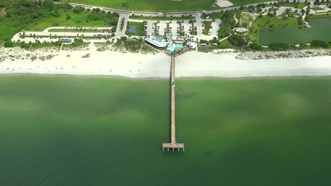 Venice Florida AERIAL 4k  fishing pier view, Sharky's Pier. Located on the SW coast of Fl.