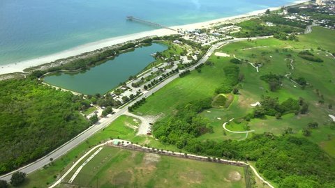 Venice Florida AERIAL 4k view, including Sharky's Pier and  golf course. Located on the SW coast of Fl.