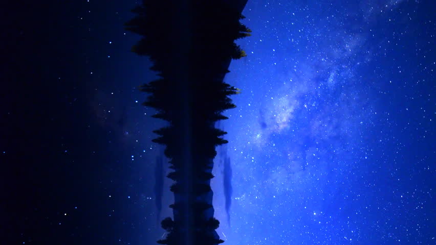 Astrophotography Time-lapse footage with pan motion of milky way galaxy spanning over reflective alpine lake in Yosemite National Park, California -Vertical Shot-