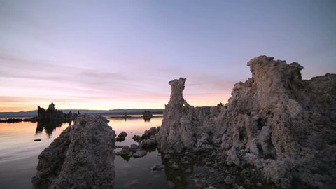 Footage with pan motion of otherworldly formations of Tufas at Mono Lake, California