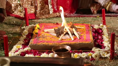 JODHPUR, INDIA - 15 FEBRUARY 2015: Sacred fire at traditional hindu wedding in Jodhpur.