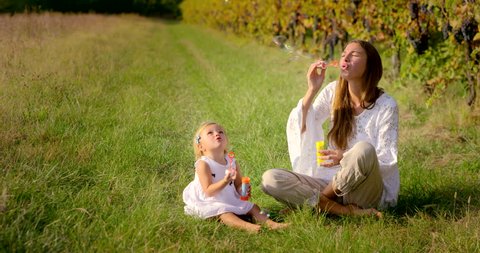 Super slow motion of young mother and baby 2 years old girl blowing air/soap bubbles  in a meadow of vineyard on a sunny day in 4k