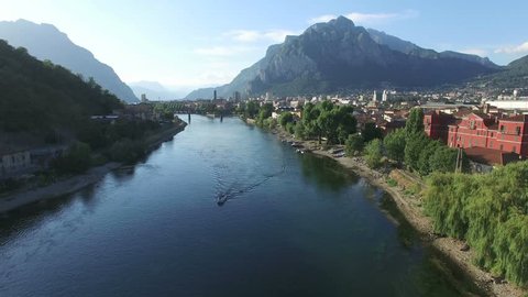 Aerial footage over a lake, Lecco. Amazing view of Lake Como,