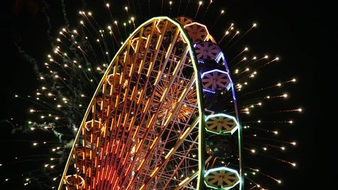 Ferris Wheel And Fireworks / With Sound Stock Video