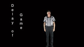 Man dressed as a football official signaling Delay of Game.
