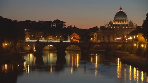 Timelapse of Saint Peters cathedral silhouette at twilight in Vatican
