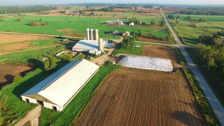 Scenic Rural Midwest Heartland Flyover, Landscape With Farms, Silos
