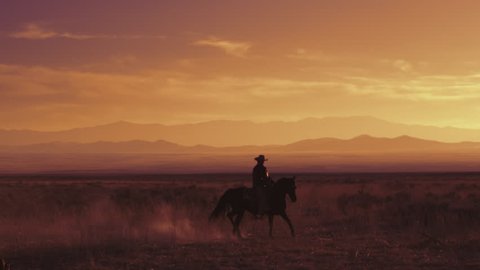 Lone cowboy riding a horse sillouetted against a beautiful golden sunset on an open field with a mountain range in the background.  Slow motion. Video stock