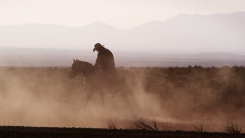 Silhouette of a Cowboys walking their horses kicking up on a Western plain. 