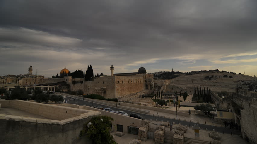 Israel - March, 2011: Low-angle time lapse of street below Dome of the Rock.