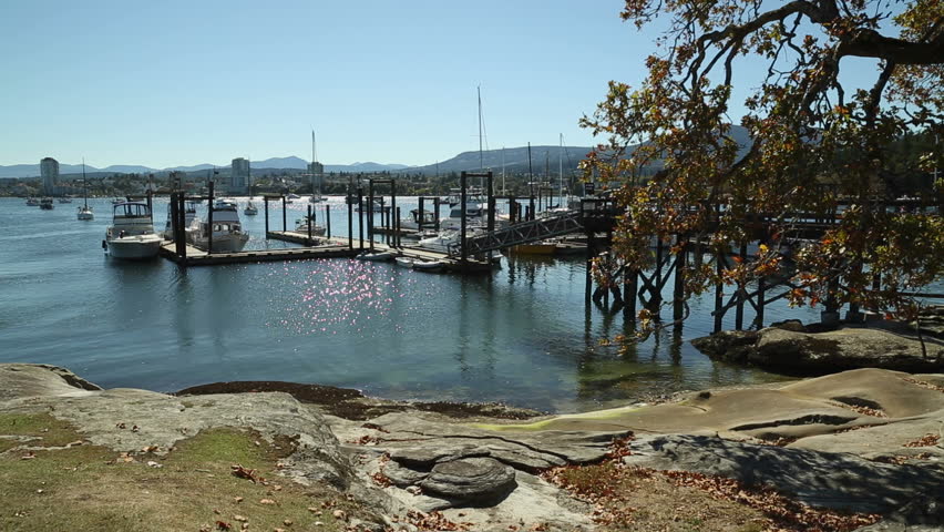 Newcastle Island Docks, Nanaimo. The view from Newcastle Island across the docks with downtown Nanaimo in the background. British Columbia, Canada.