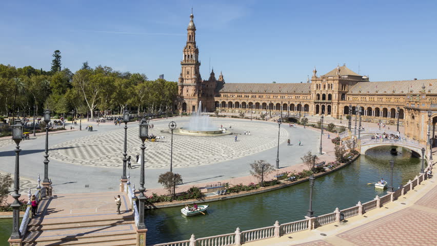 Timelapse in Plaza de Espana, in Seville,Andalusia,Spain in a beautiful summer morning