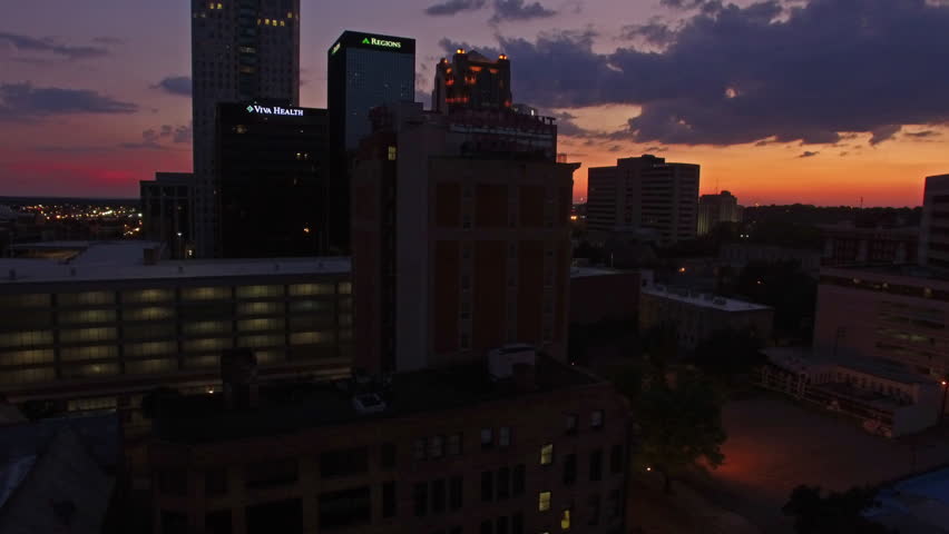 Aerial video of Birmingham Alabama at night.  Circa 2012