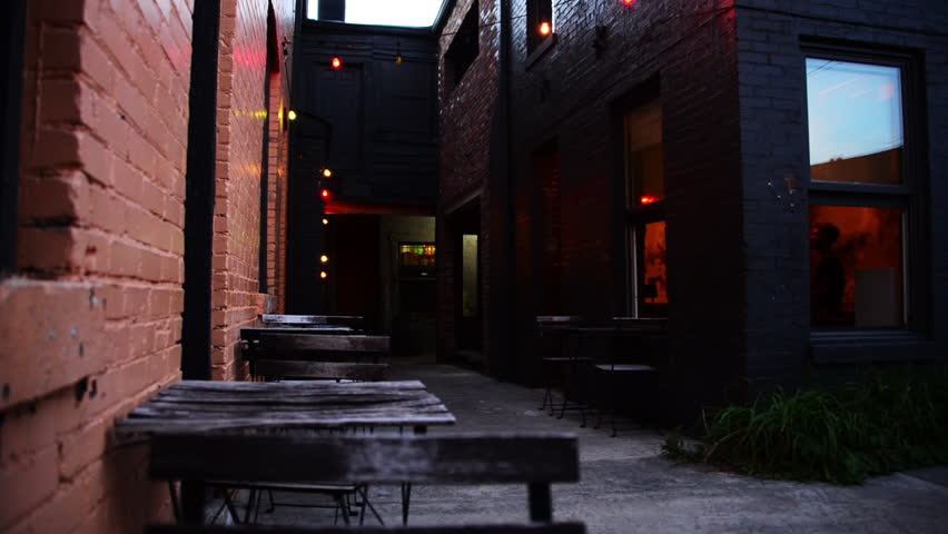 Outdoor patio area, hip restaurant.