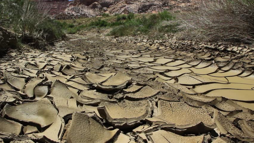 The dry cracked earth in the dried up stream bed of the desert