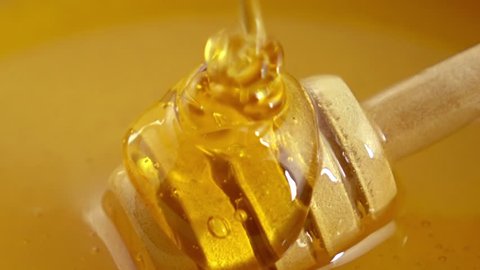 Honey drizzling on honey dipper in bowl tilt down cu.Real time close up shot of honey drizzling on a honey dipper in a bowl full of honey