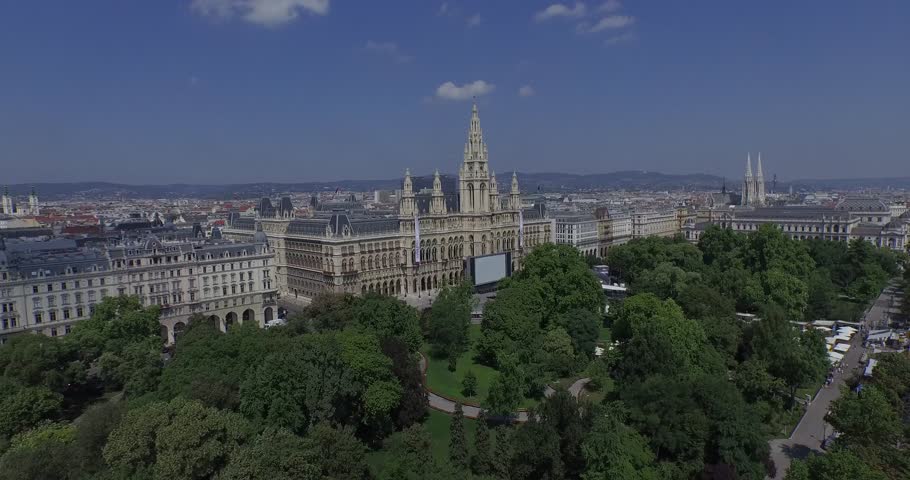 Rathaus Vienna - Town Hall & Rathauspark. Aerial View 
The present Vienna City Hall in Austria. Drone footage. 4K
