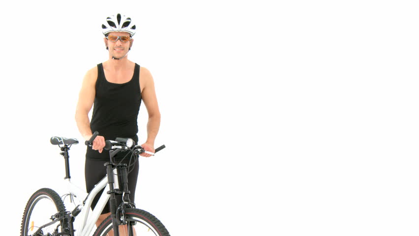 Man with bicycle in front of white background