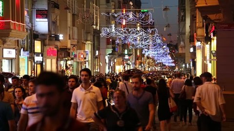 ISTANBUL - 27 August 2015 people walking in Istiklal street at night,Istanbul,Turkey.

