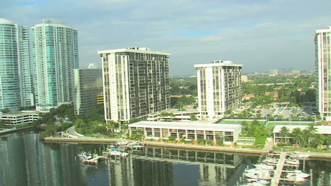 An aerial shot of hotels and apartment buildings in Miami.