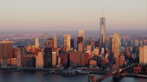 Aerial sunrise New York City skyline view of lower and Midtown Manhattan. 