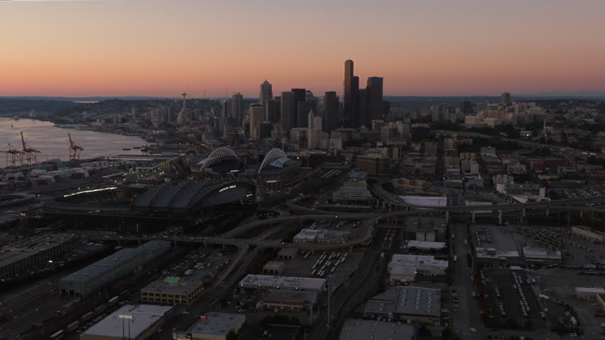Seattle sunset aerial view from south side of city.
Seattle, WA Sept 11, 2015