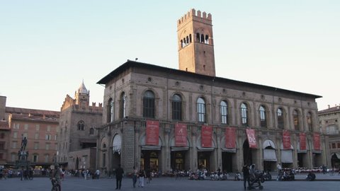 Italy - October, 2012: Wide shot of Bologna and plaza as sun sets