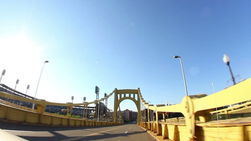 Driving over the Roberto Clemente 6th Street Bridge in Pittsburgh, Pennsylvania.