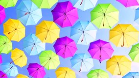 Colorful umbrellas background. Colorful umbrellas urban street decoration. Hanging Multicoloured umbrellas. HD 1080p video footage