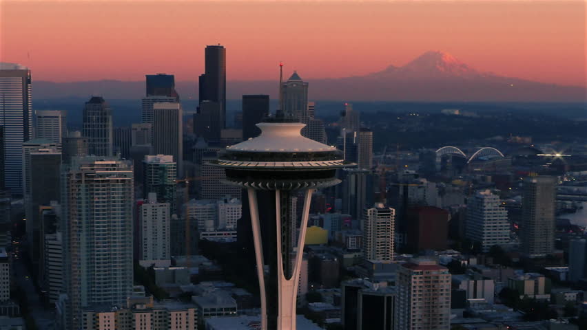 SEATTLE, WASHINGTON-SEPTEMBER 29, 2015
Aerial view of Space Needle with Mt Rainier in horizon.