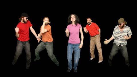 Group of one young lady and four young adult men dancers. Green screen pre keyed alpha matte. 