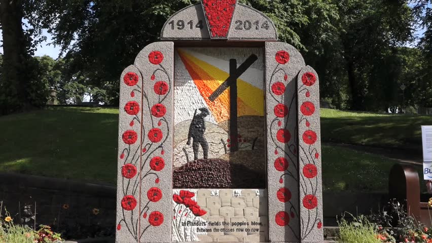 Well dressing in Buxton, Derbyshire celebrating the great war centennial. A summer tradition in which wells, springs or other water sources are decorated with designs created from flower