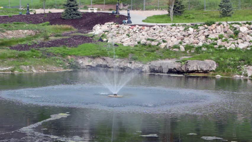 A water fountain and pond
