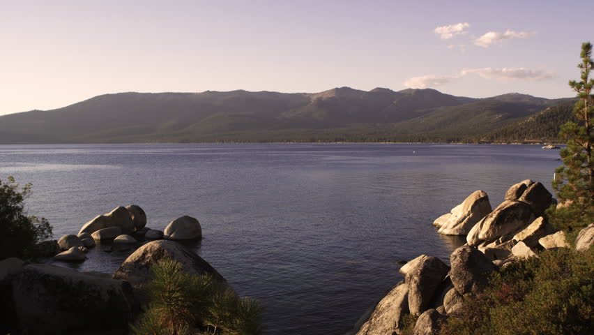 Wide static shot of Emerald Bay at Lake Tahoe, California.