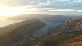 Aerial survey on Mount Lovcen, Montenegro, near the Bay of Kotor at sunset. Flight to quadrocopters, shot in 4k
