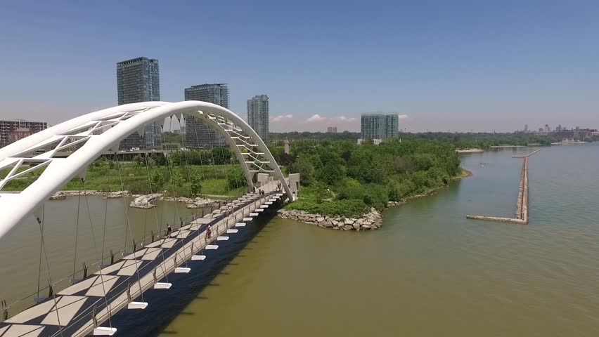 Cinematic aerial shot humber bay bridge overlook downtown Toronto