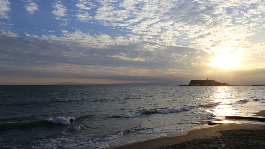 View Enoshima from Shichirigahama, coastline sunset at dusk ,October 2015, kamakura City , Kanagawa Prefecture, Japan