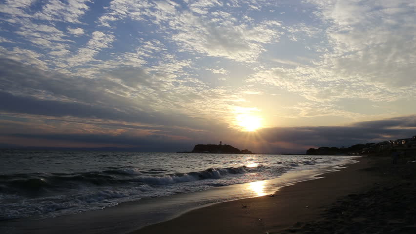 View Enoshima from Shichirigahama, coastline sunset at dusk with roar of waves, October 2015, kamakura City , Kanagawa Prefecture, Japan