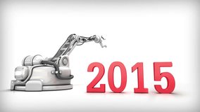 New Year and  High Technology. Christmas 3d animation. Industrial robotic arm changes calendar date 2015 for  2016 