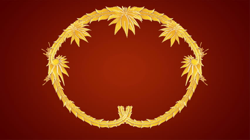 Growing golden elements forming a title framing, red background. HD CG