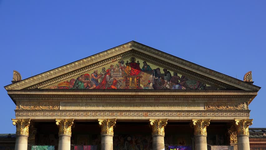 Mosaic icon on the facade of the building. in Budapest. Hungary. Shot in 4K (ultra-high definition (UHD)).