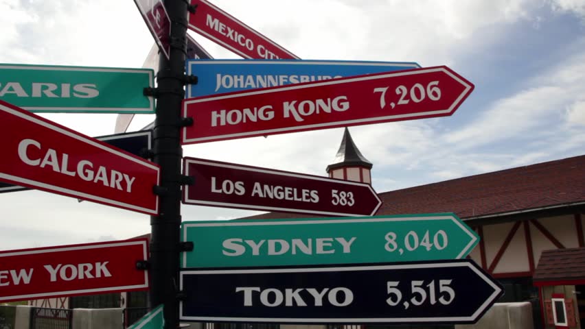 A sign with international cities, their direction and their distances