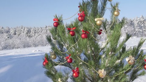 Decorated Christmas tree in snow covered winter forest