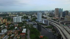 MIAMI - September 25: Aerial video of Downtown Miami South Floridas central financial district and I95 morning commute September 25, 2015 in Miami FL