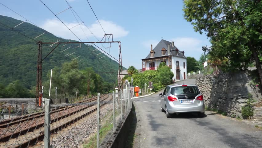 Railway and road in Saint-Pe-de-Bigorre, France