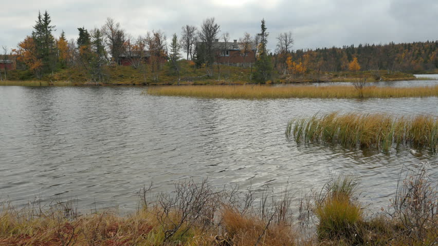 high moor landscape with lake and cabins