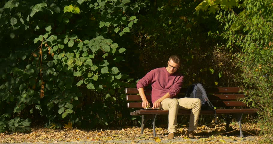 Man in Glasses is Sitting on The Bench Freelance Programmer Designer Copywriter Accountant is Looking Around ,Laptop, Backpack is Close on the Bench, businessman, green bushes behing the bench,