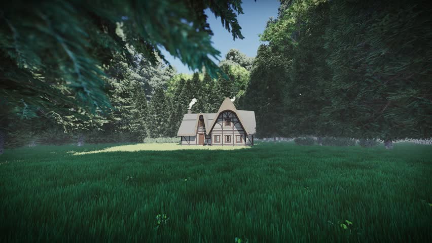 Zoom animation of the small wooden hunters house in the forest. Cartoon animation.