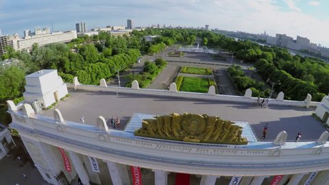 MOSCOW - JUN 11, 2015: Observation area on entrance gate of Central Park of Culture and Rest named by M.Gorky. Aerial view